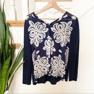 Vineyard Vines Navy Blue Silk Back Scarf Print Sweater BlouseSize XS